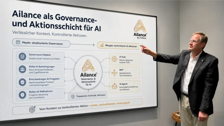 Marcus Belke presents Ailance as a governance and execution layer for AI, featuring roles, permissions, MCP, and AI agents.