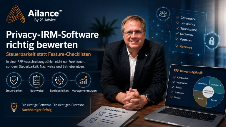 Visual overview of Ailance Privacy IRM software, focusing on RFP evaluation, controllability, evidence, operational risks, and management benefits.