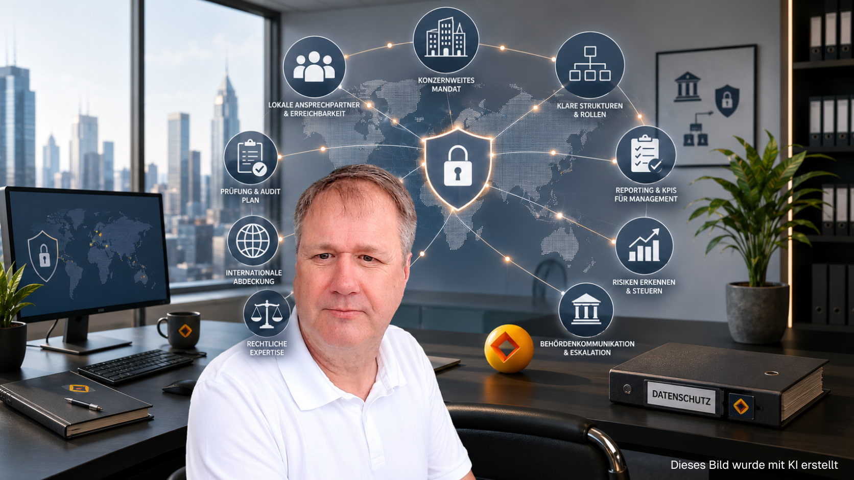 Image generated by AI: A data protection expert against a digital background, discussing data protection organization, reporting, and the DPO operating model within the corporate group.