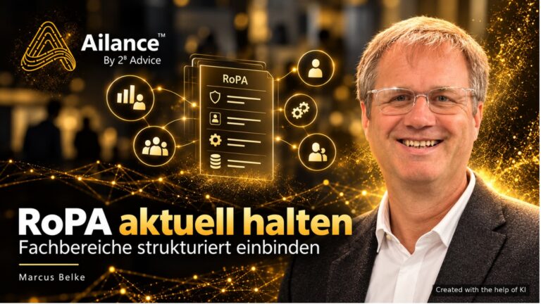 Marcus Belke von 2B Advice vor einer grafischen Darstellung des Ailance RoPA-Moduls zur strukturierten Einbindung von Fachbereichen.